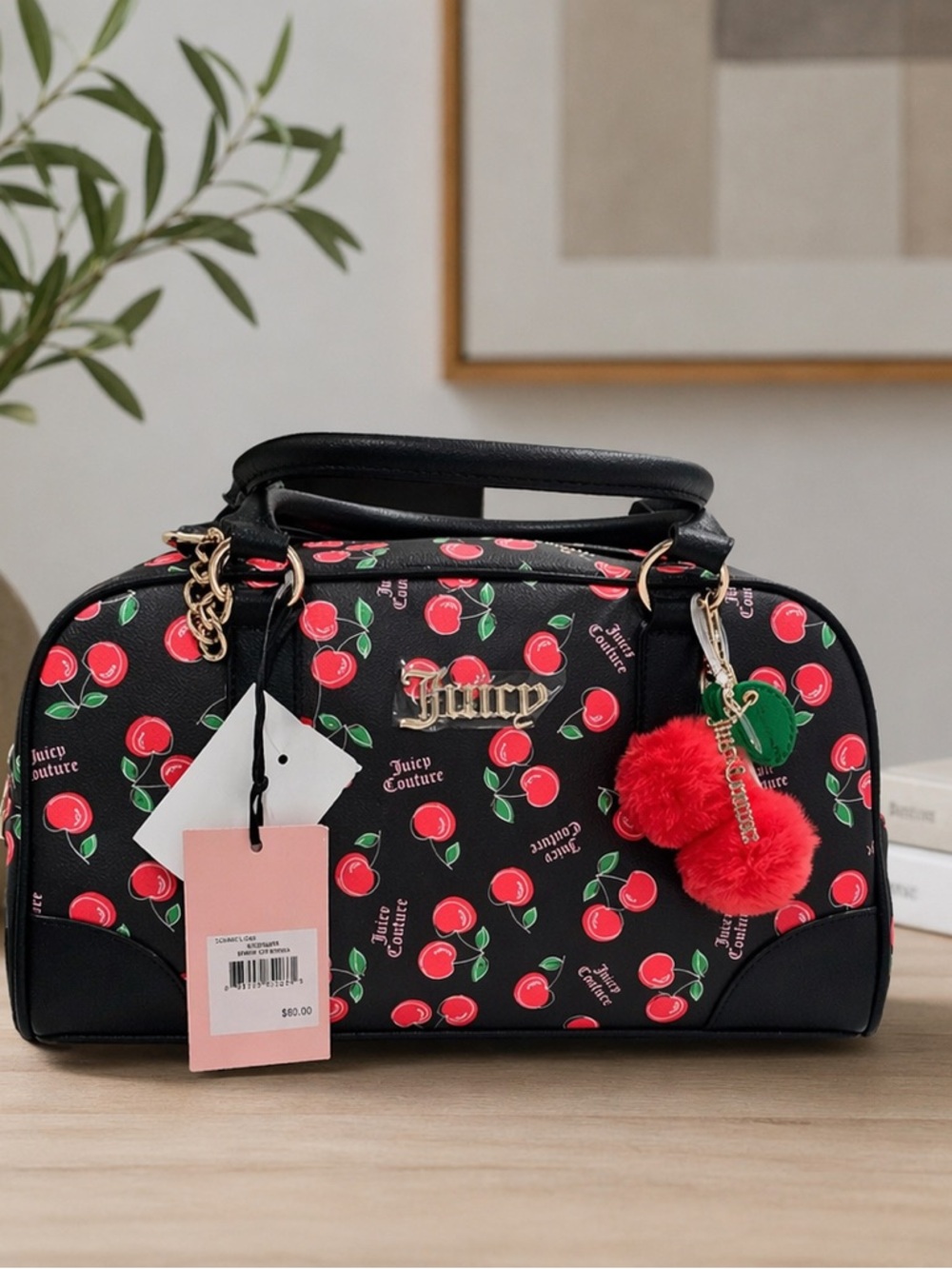 Juicy Couture Black Satchel with Red Cherry Print and Pom Charm